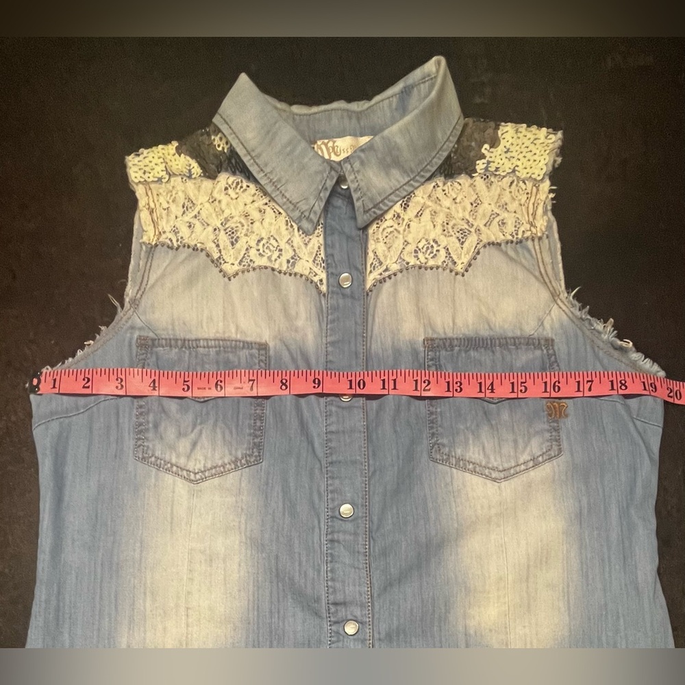 Miss Me Embellished Denim & Lace Top, M-L - Picture 5 of 6